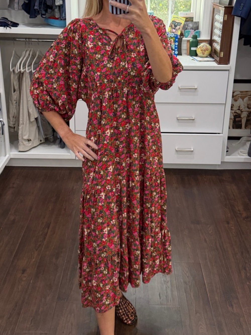 Amazon Floral Tiered Midi Dress with Puff Sleeves S